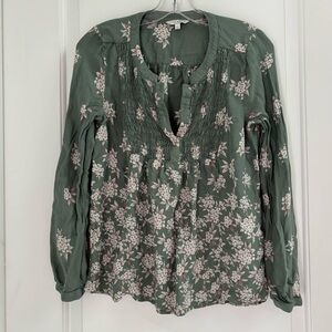 Lucky Brand Green Floral Barrel Sleeve Peasant Blouse
